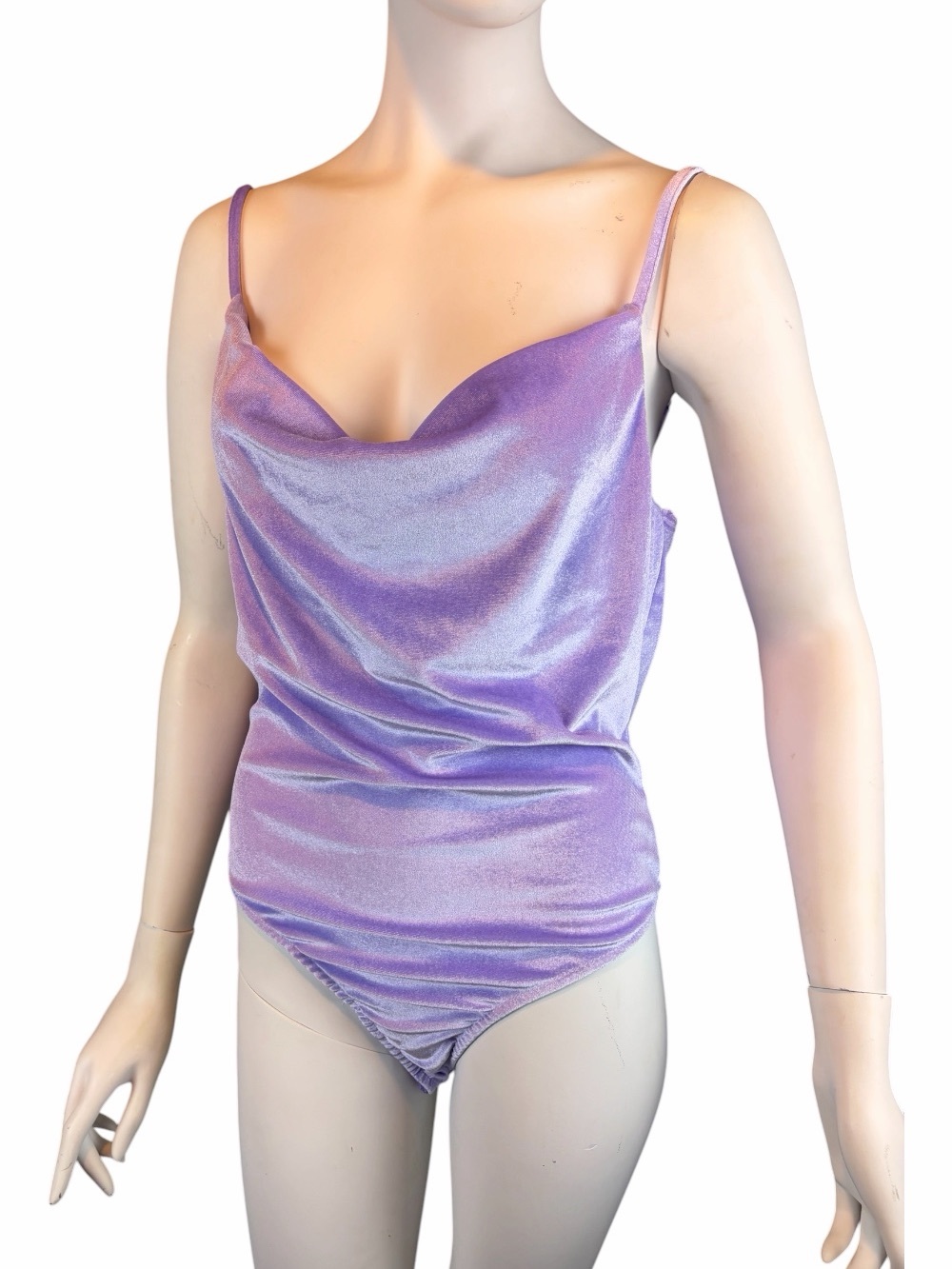 RUE 21 Lavender Pink Velour TANK BODYSUIT Sz Large Spaghetti Straps Draped Cowl